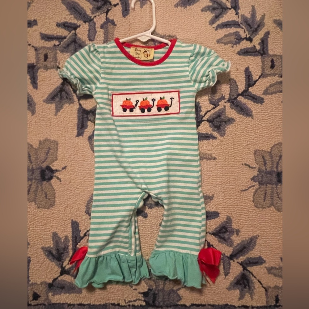 Busy bee smocks newborn teal striped pumpkin in wagon  smocked jumpsuit with bow